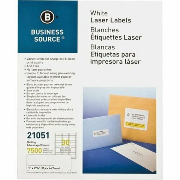 Business Source Mailing Labels, Laser/Inkjet, 1inx2-5/8in, 7 White, 7500PK BSN21051